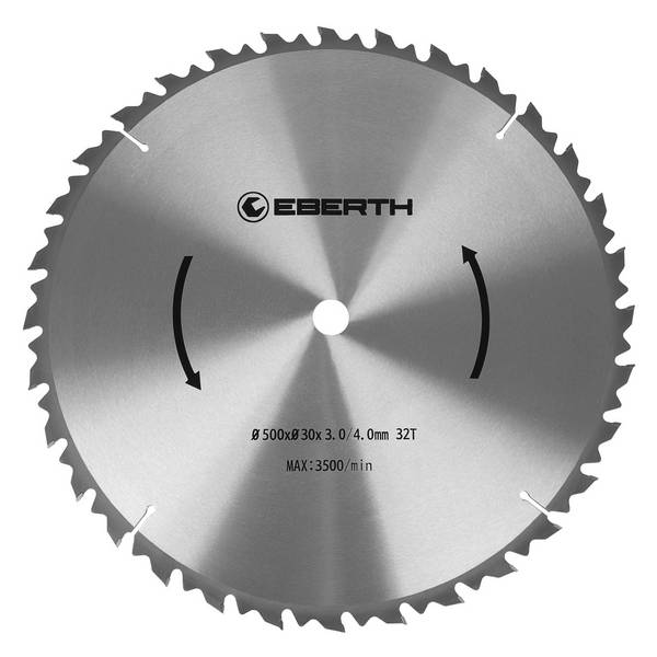 EBERTH Kreissägeblatt 500mm Durchmesser 30mm Bohrung 3.0mm Blättstärke 4.0mm Schnittbreite 32 Zähne RPM Max. 3500