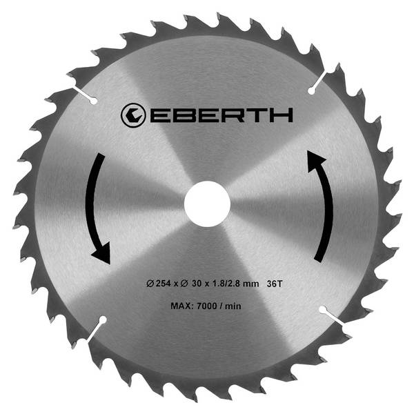 EBERTH Kreissägeblatt 254mm Durchmesser 30mm Bohrung 1.8mm Blättstärke 2.8mm Schnittbreite 36 Zähne RPM Max. 7000