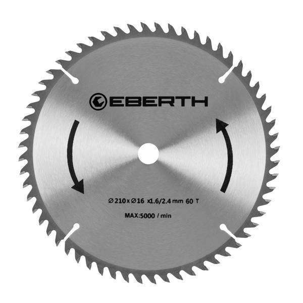 EBERTH Kreissägeblatt 210mm Durchmesser 16mm Bohrung 1.6mm Blättstärke 2.4mm Schnittbreite 60 Zähne RPM Max. 5000