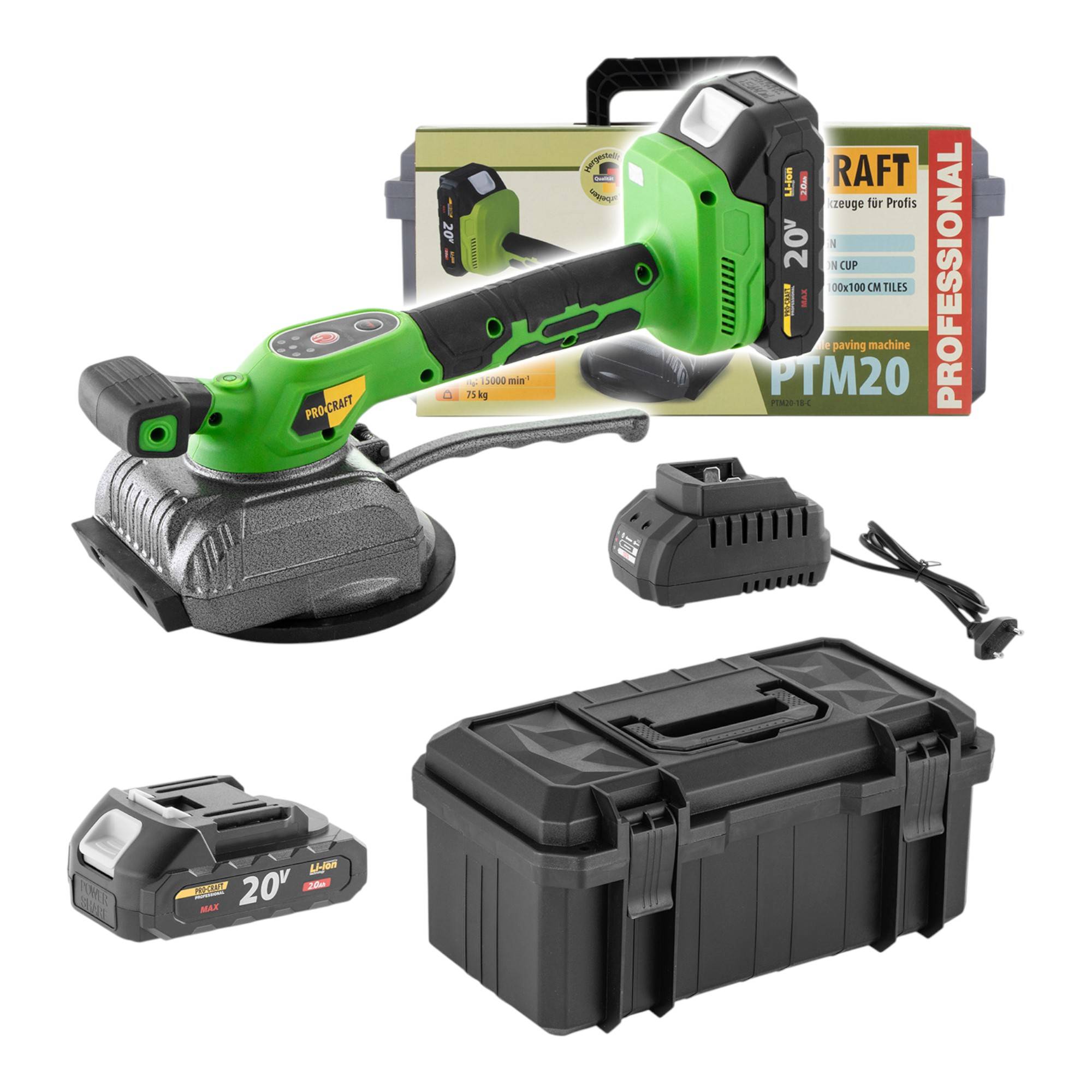Procraft PTM20-1b-c Akku Vibration Fliesen Saugheber 20 V + 1x Akku 2,0 Ah + Ladegerät + Koffer-0