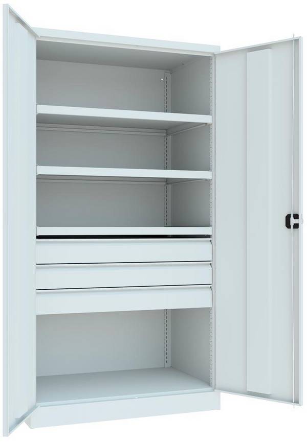 Schwerlastschrank, Vollblechtüren, ohne Trennwand, 3 Böden, 120 kg Traglast, 3 Schubl. 125 mm, BxTxH 1040x630x1950 mm,