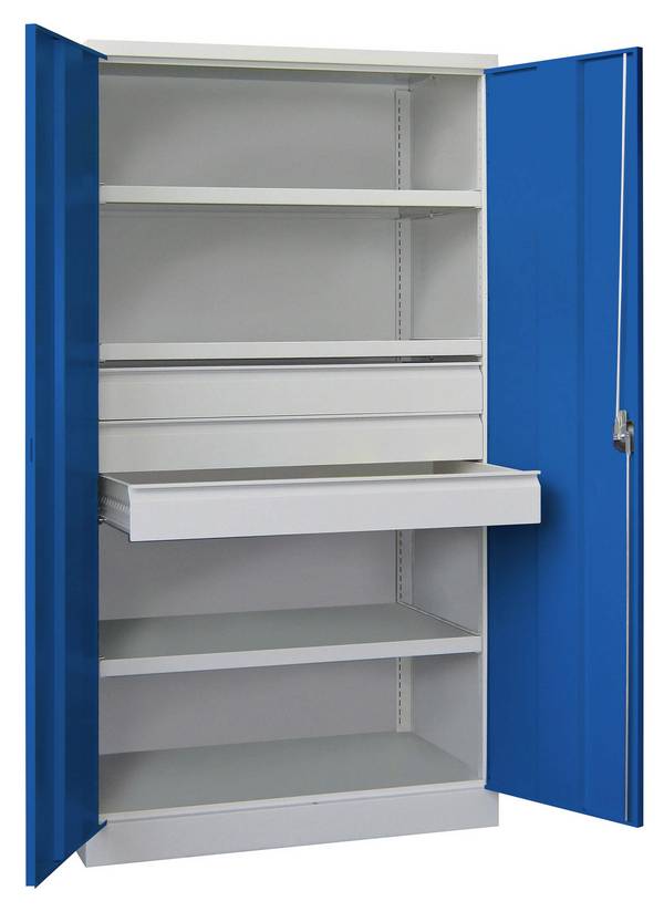 Schwerlastschrank, Vollblechtüren, ohne Trennwand, 3 Böden, 120 kg Traglast, 3 Schubl. 125 mm, BxTxH 1040x630x1950 mm,