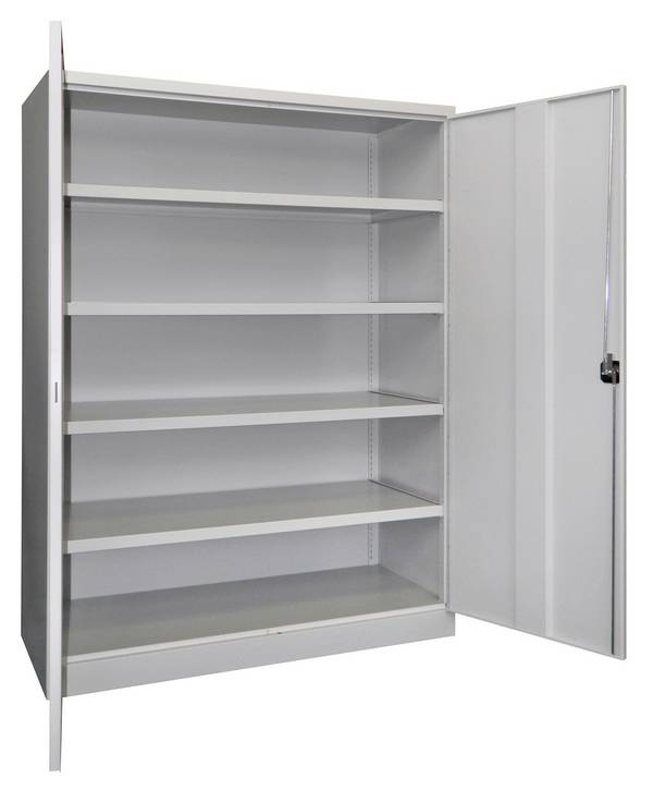 Schwerlastschrank, Vollblechtüren, 4 Böden, 200 kg Traglast, BxTxH 1470x630x1950 mm, RAL 7035