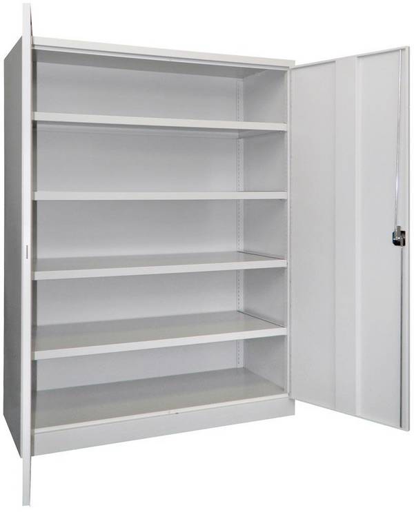 Schwerlastschrank, Vollblechtüren, 4 Böden, 120 kg Traglast, BxTxH 1470x630x1950 mm, RAL 7035