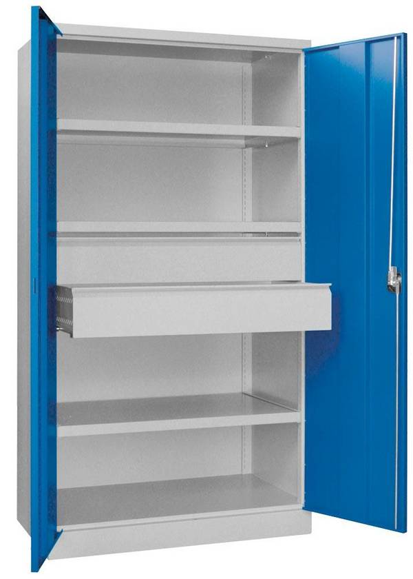 Schwerlastschrank, Vollblechtüren, ohne Trennwand, 3 Böden, 120 kg Traglast, 2 Schubl. 175 mm, BxTxH 1040x630x1950 mm,