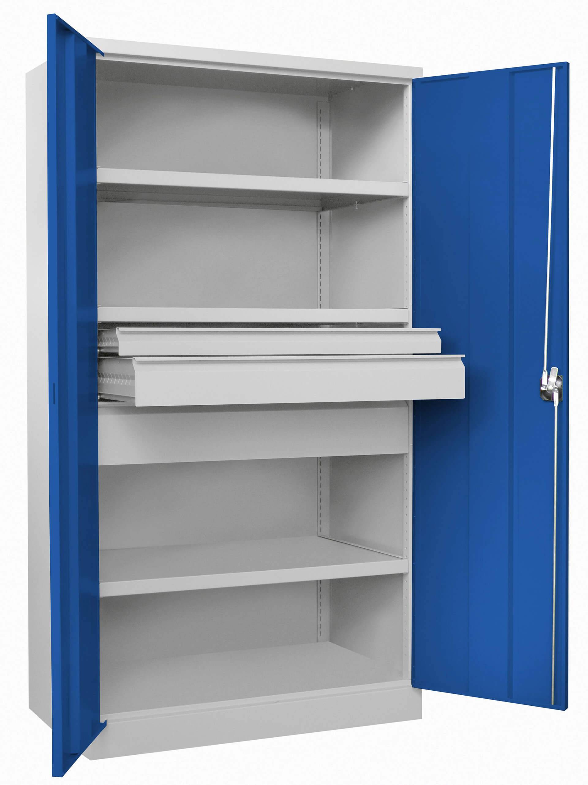 Schwerlastschrank, Vollblechtüren, ohne Trennwand, 3 Böden, 200 kg Traglast, Schubl.: 1x75,1x125, 1x175 mm, BxTxH 1040-0