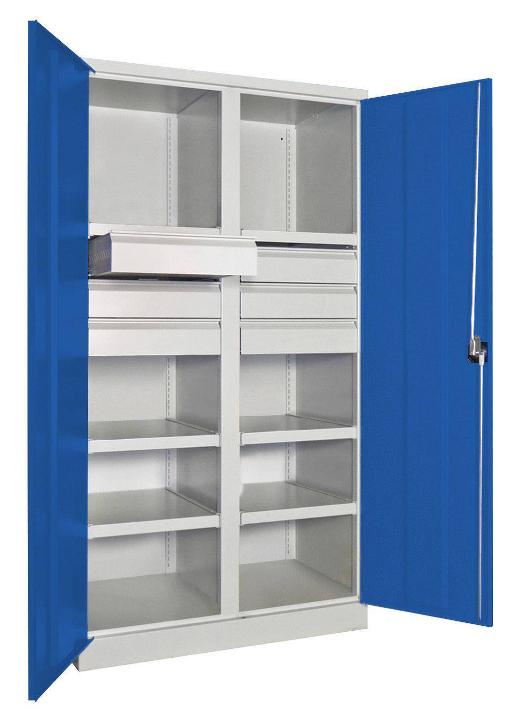 Schwerlastschrank, Vollblechtüren, m. Trennwand, 6 Böden, 200 kg Traglast, 6 Schubl. 125 mm, BxTxH 1040x630x1950 mm, RA-0