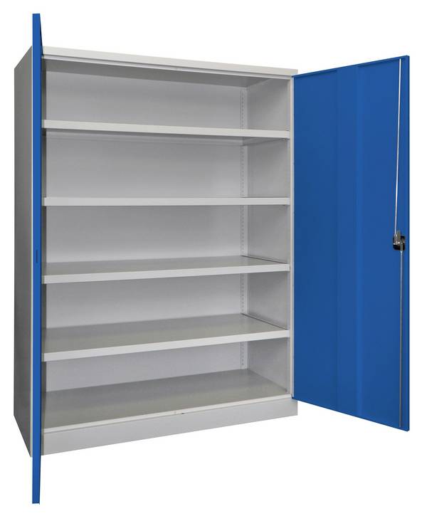 Schwerlastschrank, Vollblechtüren, 4 Böden, 120 kg Traglast, BxTxH 1470x 630x1950 mm, RAL 7035/5010