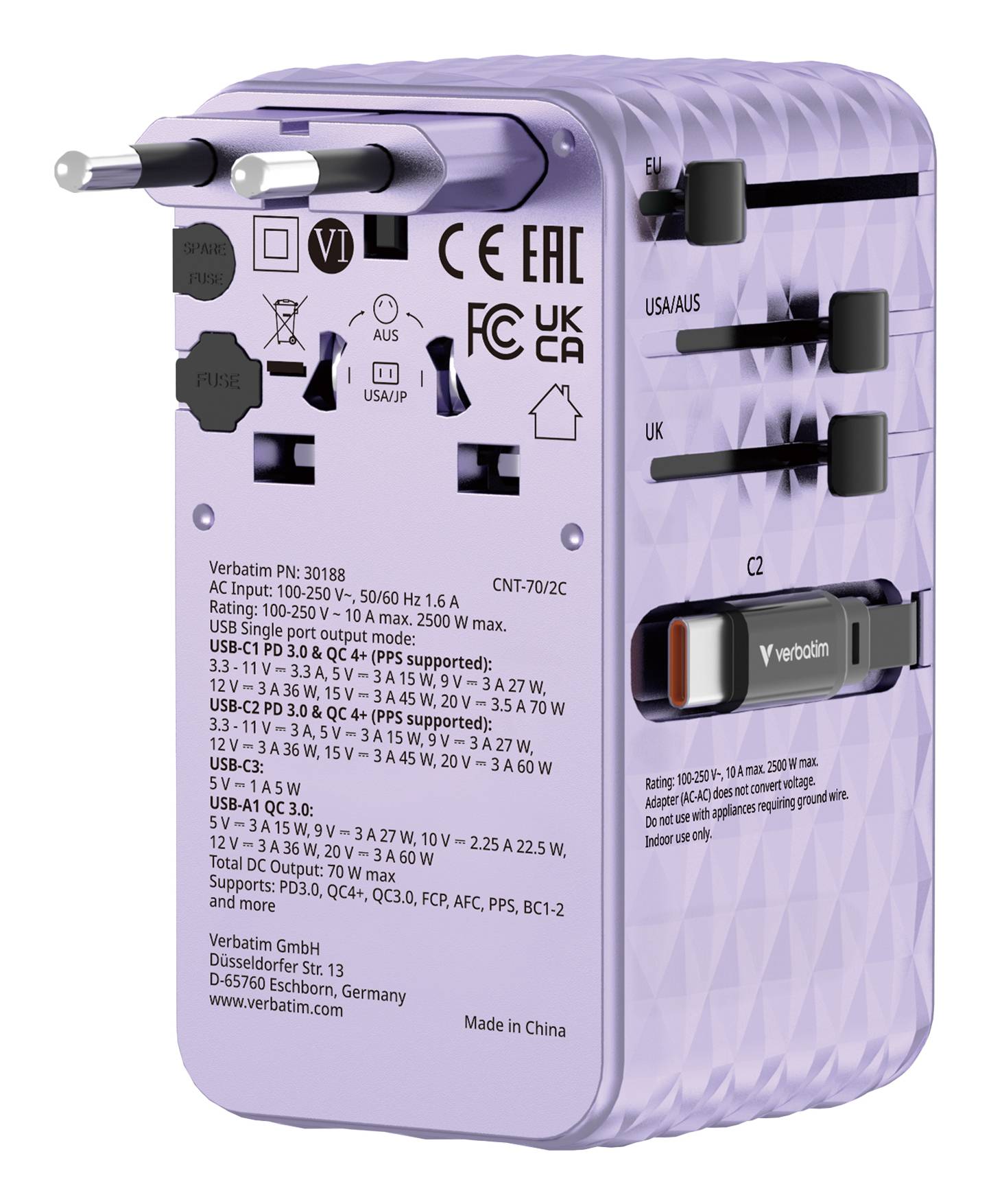 Verbatim Charge 'n' Travel - Netzteil - GaN III, universell - 70 Watt - 10 A - Power Delivery 3.0 +-0