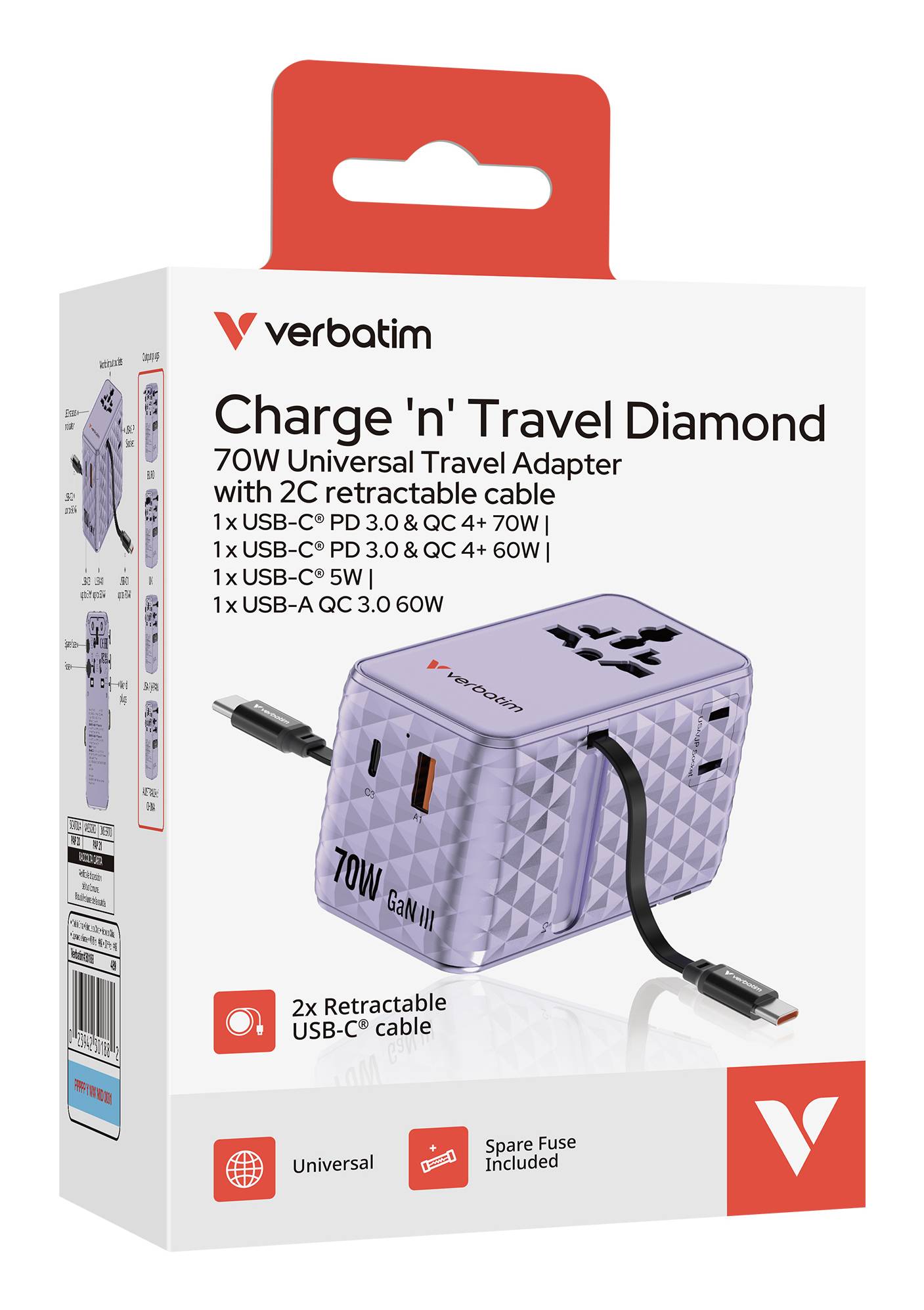 Verbatim Charge 'n' Travel - Netzteil - GaN III, universell - 70 Watt - 10 A - Power Delivery 3.0 +-1