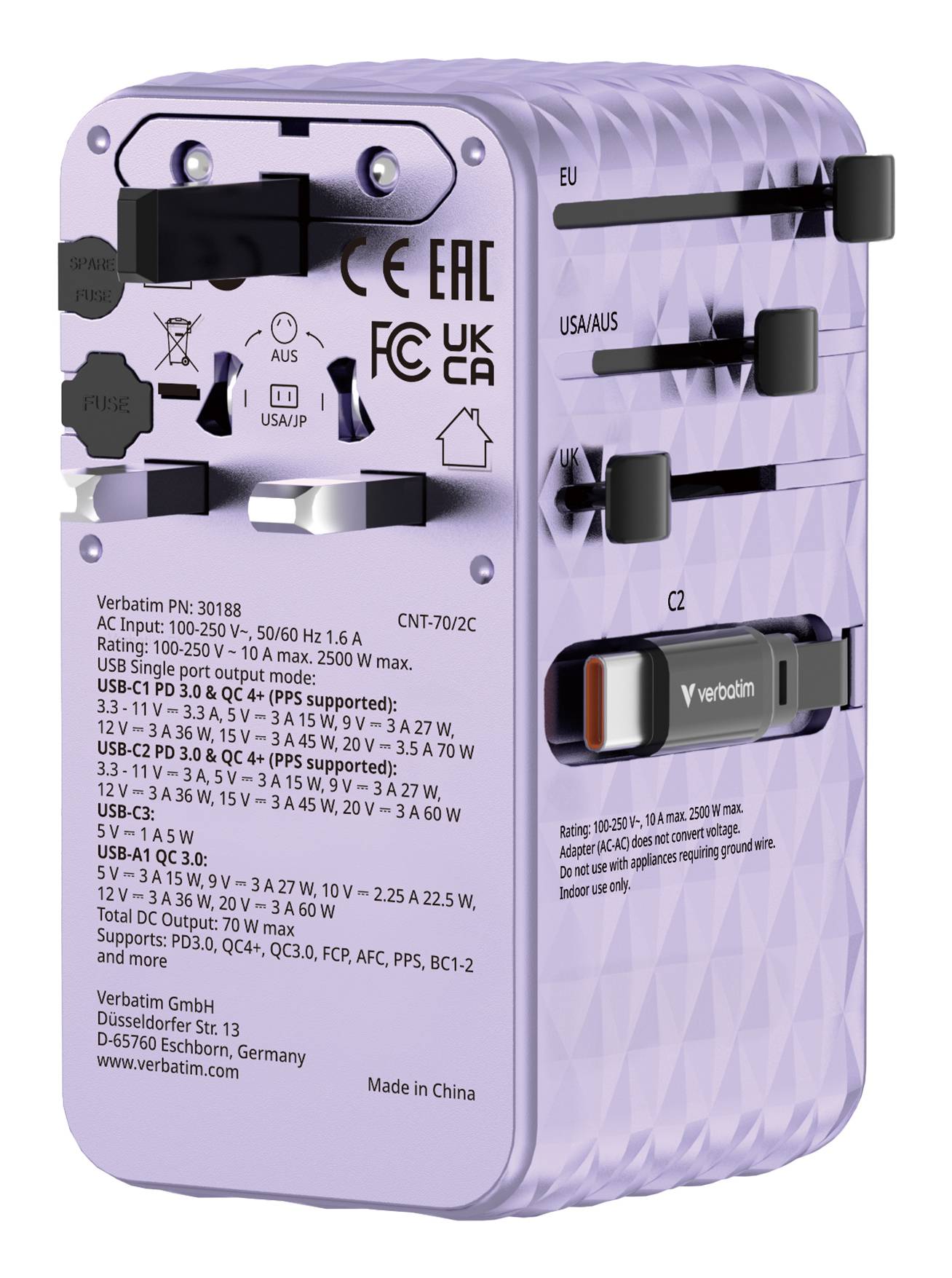 Verbatim Charge 'n' Travel - Netzteil - GaN III, universell - 70 Watt - 10 A - Power Delivery 3.0 +-2