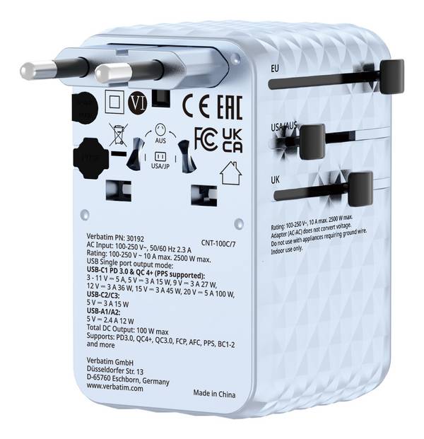 Verbatim Charge 'n' Travel - Netzteil - GaN III, universal, with retractable USB-C cable - 100 Watt
