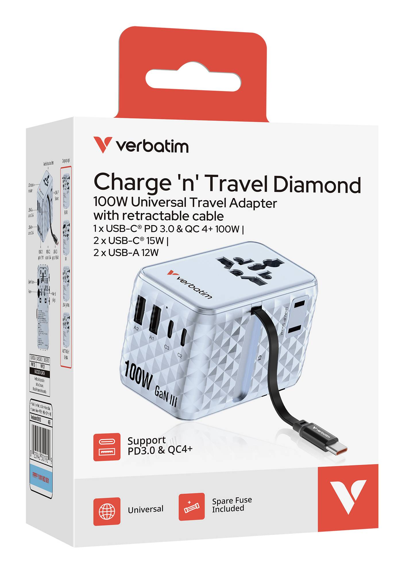 Verbatim Charge 'n' Travel - Netzteil - GaN III, universal, with retractable USB-C cable - 100 Watt-4