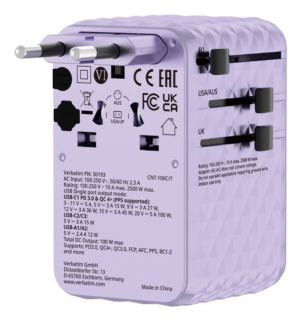 Verbatim Charge 'n' Travel - Netzteil - GaN III, universal, with retractable USB-C cable - 100 Watt