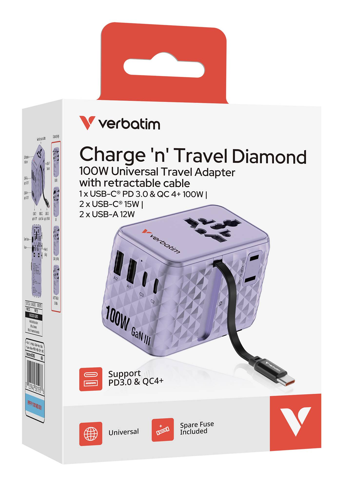 Verbatim Charge 'n' Travel - Netzteil - GaN III, universal, with retractable USB-C cable - 100 Watt-4