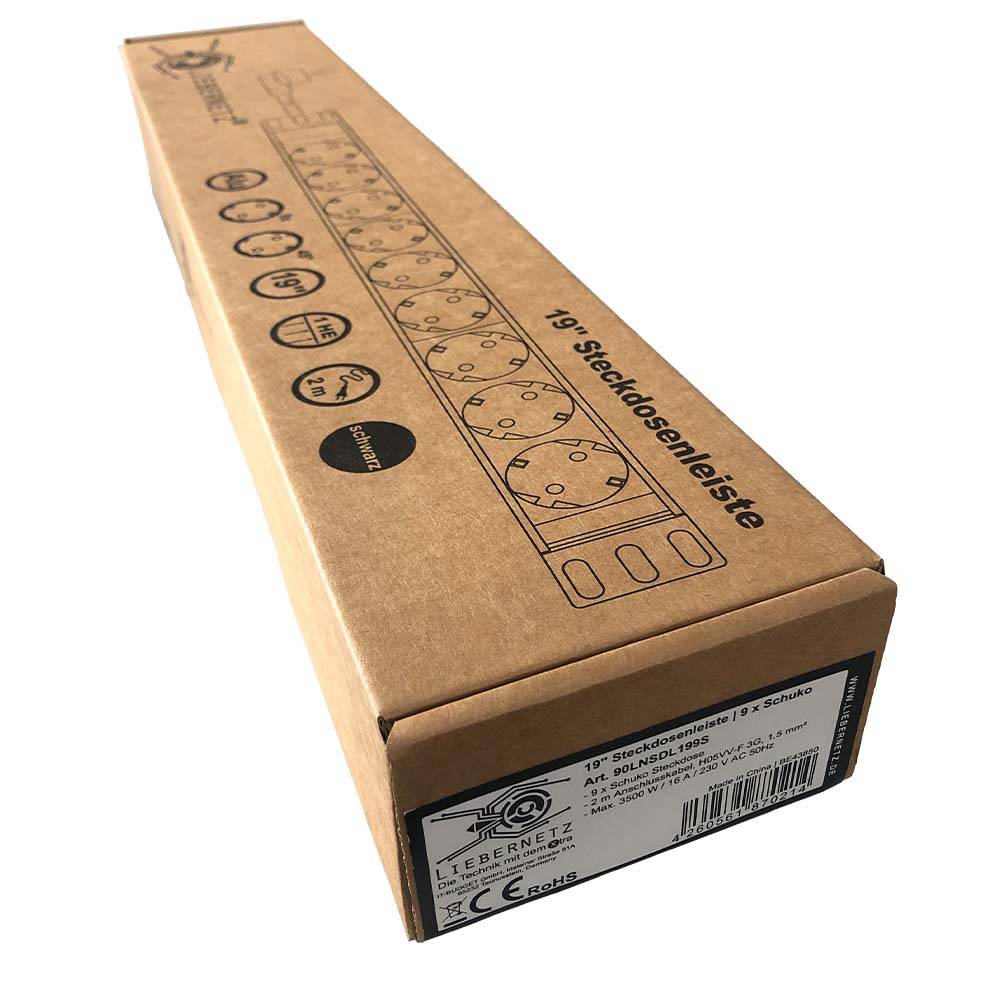 19"-Steckdosenleiste von LIEBERNETZ - 9 x SCHUKO-Buchse - Aluminium - 2 m Zuleitung mit SCHUKO-Stecker - schwarz-4