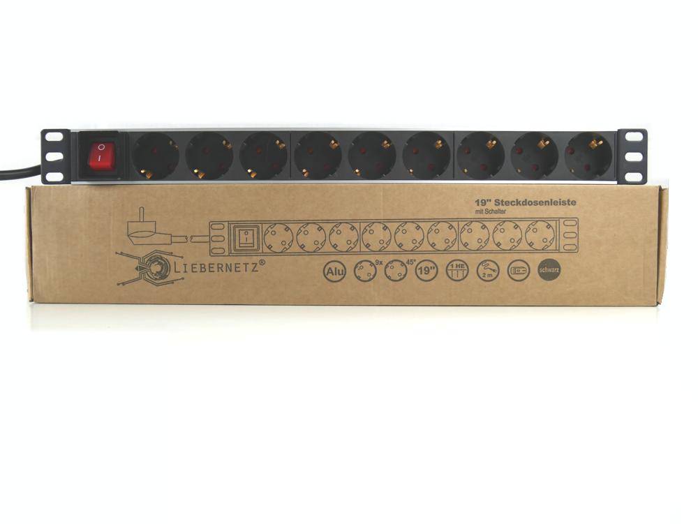 19 Zoll Steckdosenleiste 9x Schuko mit Schalter Aluminium schwarz für IT Rack und Server
