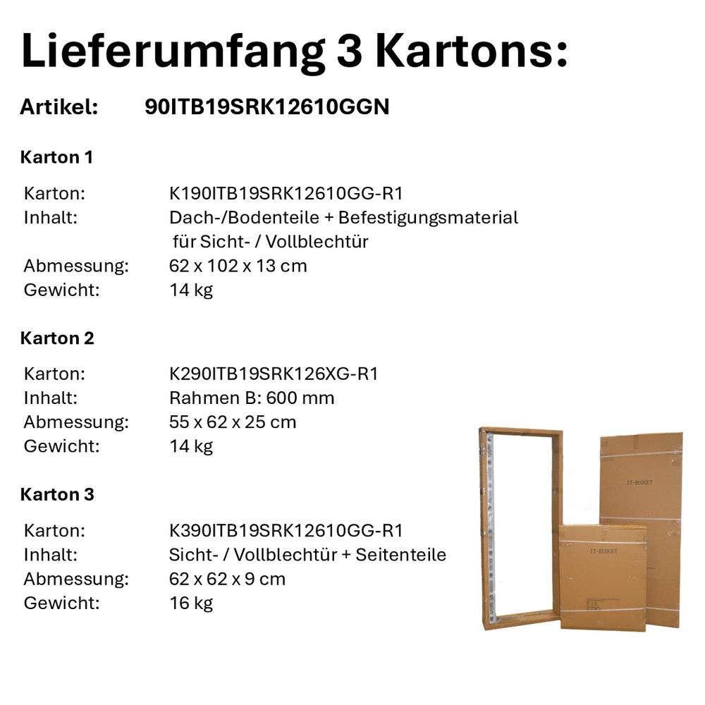 19"-Serverschrank SRK - - BxT 600x1000 mm - Sicht-/Vollblechtür - Flatpack - Rac-3