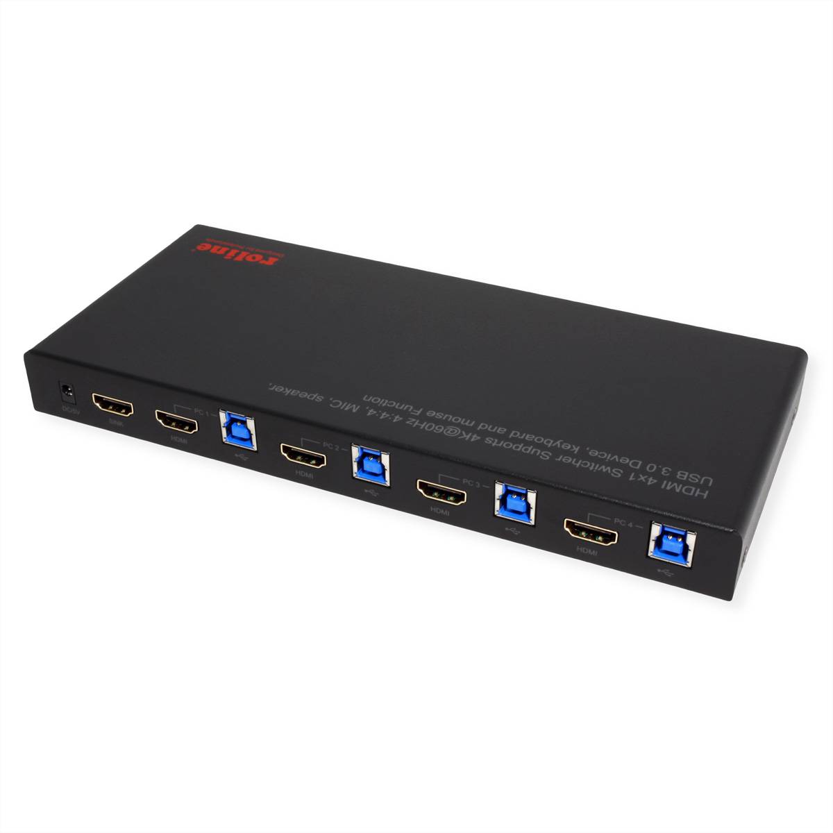 ROLINE KVM Switch, HDMI 4K, USB, 1 User - 4 PC, mit 3-Port USB-Hub-4