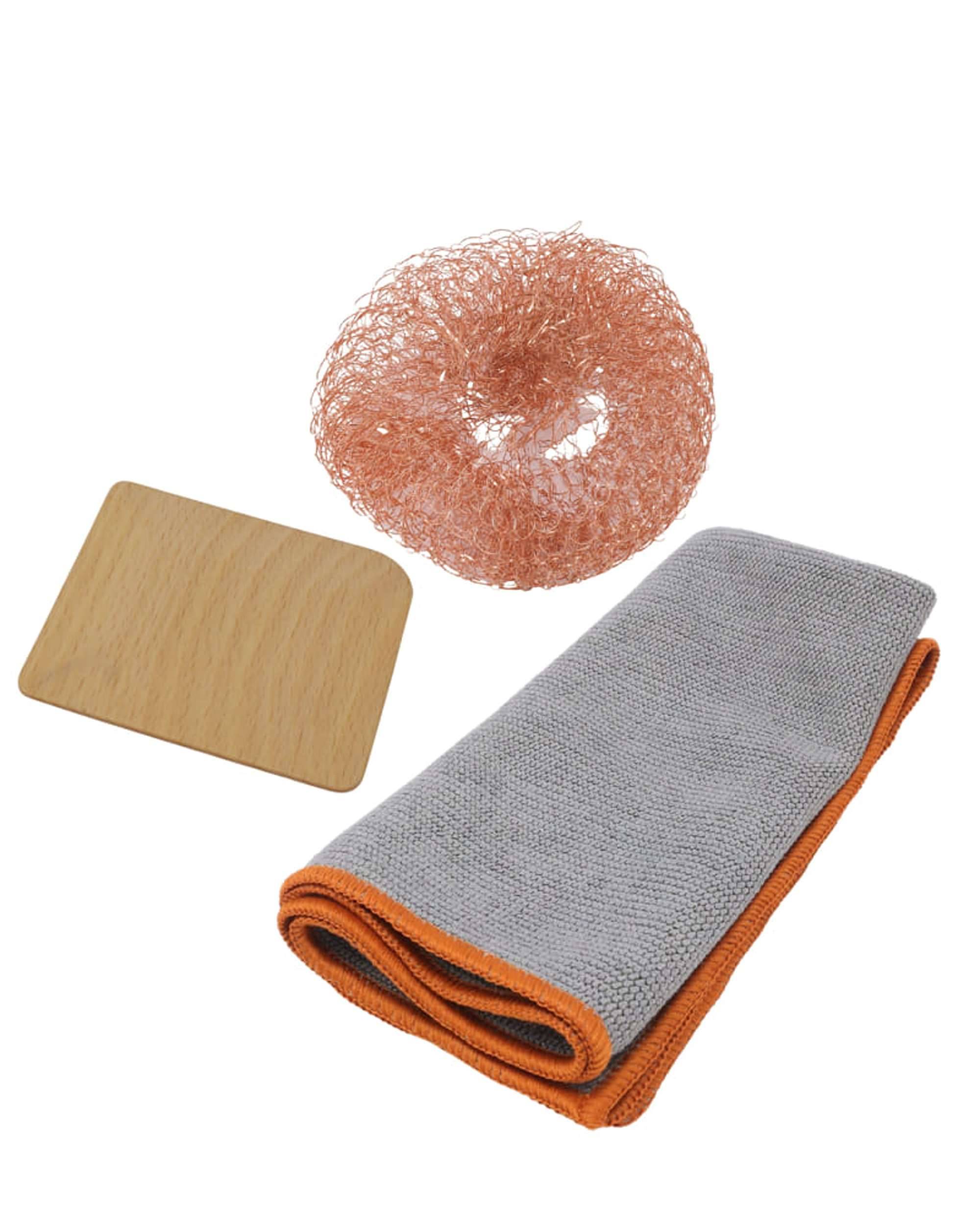 Grill-Reinigungszubehör für Gusspfanne, Plancha, Dutch-Oven, Set Topfkratzer, Mikrofasertuch, Kupferschwamm-0
