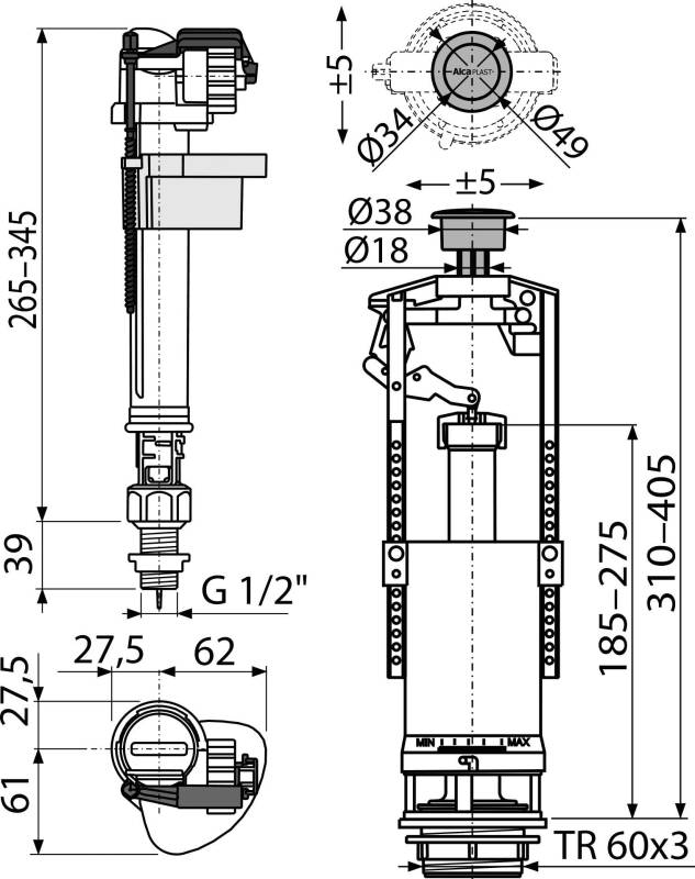 Alcadrain Spülgarnitur mit STOP-Taste SA2000SK 1/2" CHROM-1