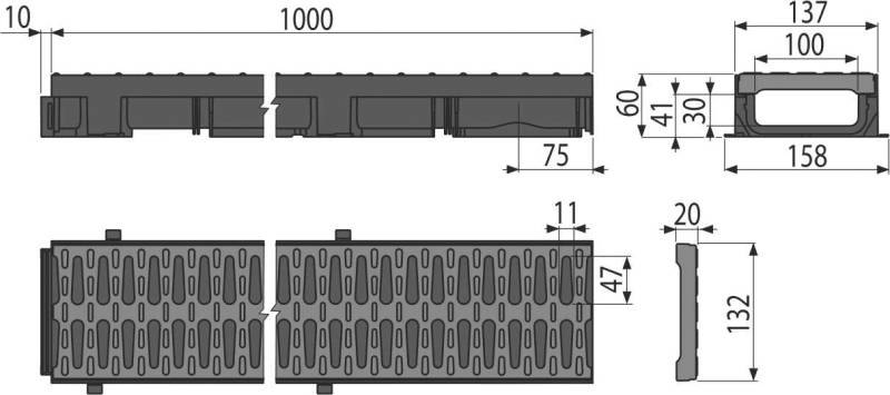 Alcadrain Entwässerungsrinne 60 mm mit Kunststoffrand und Rost aus Kunststoff C-Profil A15-1