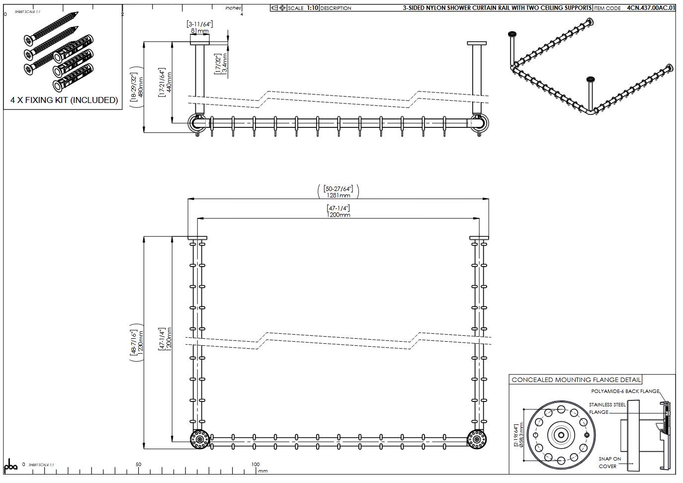 pba 01 Duschvorhangstange, U 1200x1200mm U- Form mit 2 DA 440mm aus Nylon-1