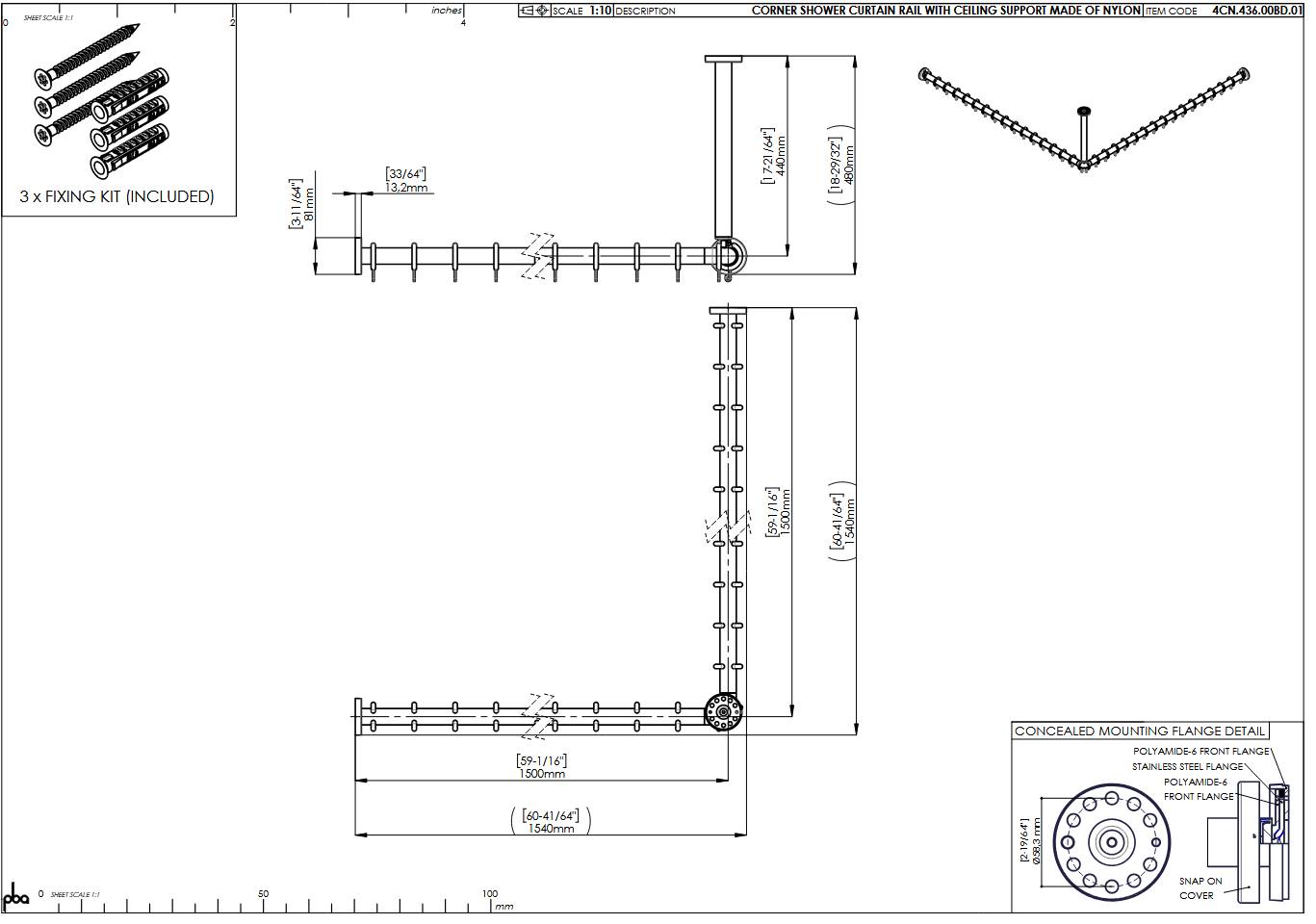 pba 01 Duschvorhangstange, 1500x1500 X440mm L- Form mit DA aus Nylon-1