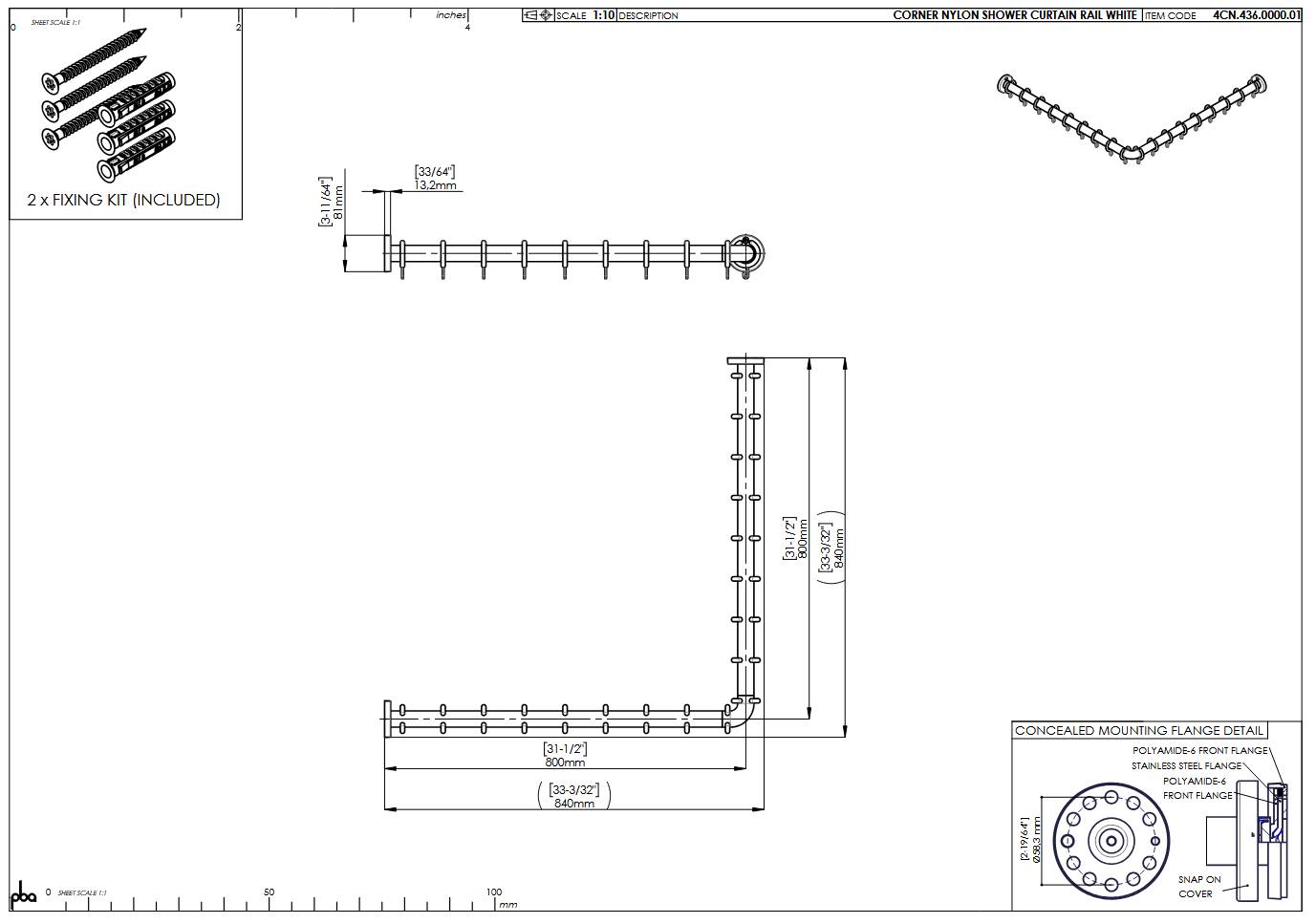 pba 01 Duschvorhangstange, 800x800mm L- Form, aus Nylon-1