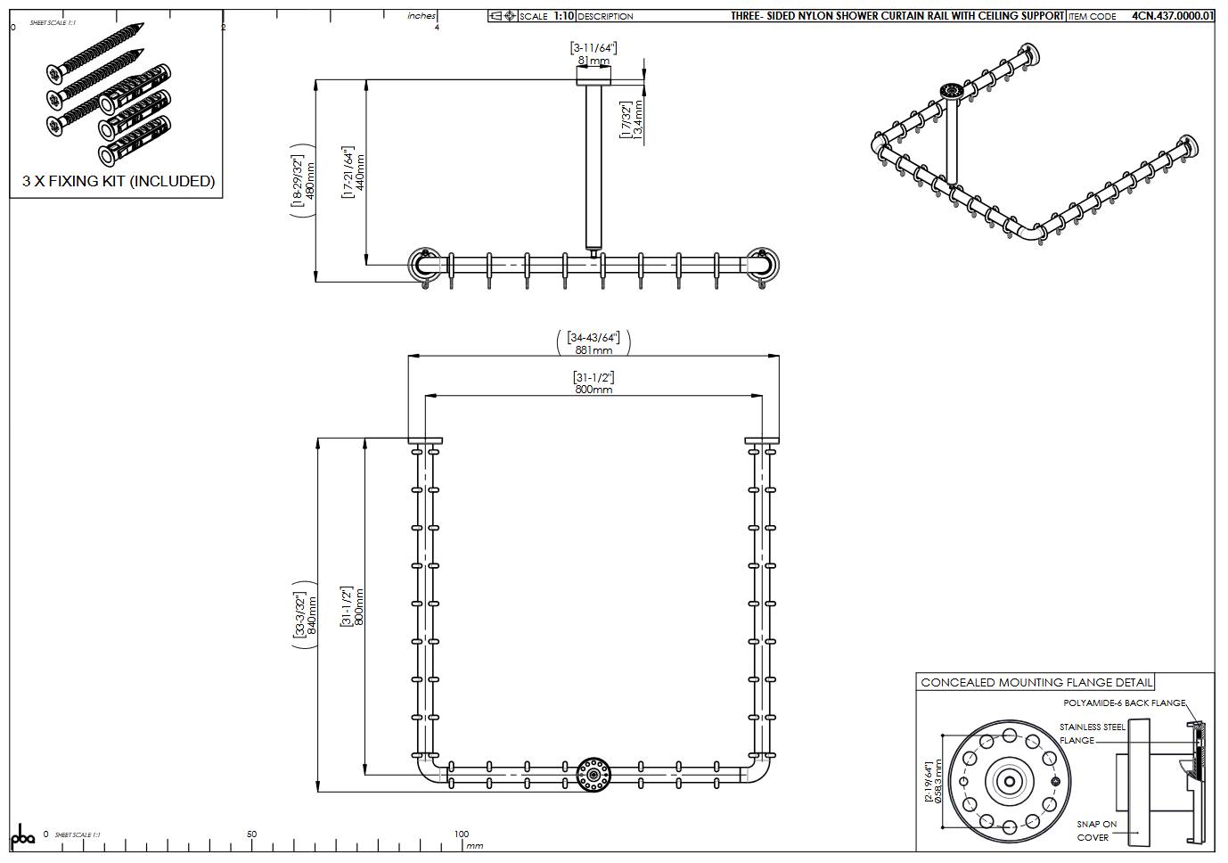 pba 01 Duschvorhangstange, U 800x800 X440mm U- Form mit DA aus Nylon-1
