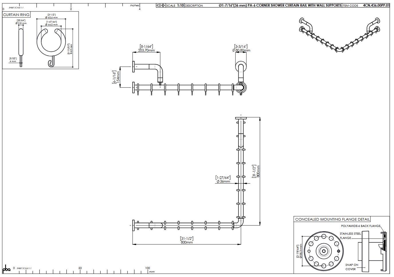 pba 01 Duschstange, L-Form mit Wand- Stützen aus Nylon, 800x800mm-1