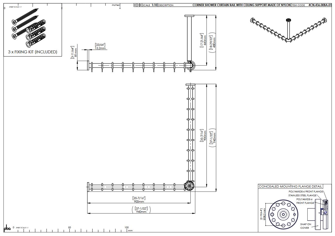 pba 01 Duschvorhangstange, 900x900x440mm L- Form mit DA aus Nylon-1