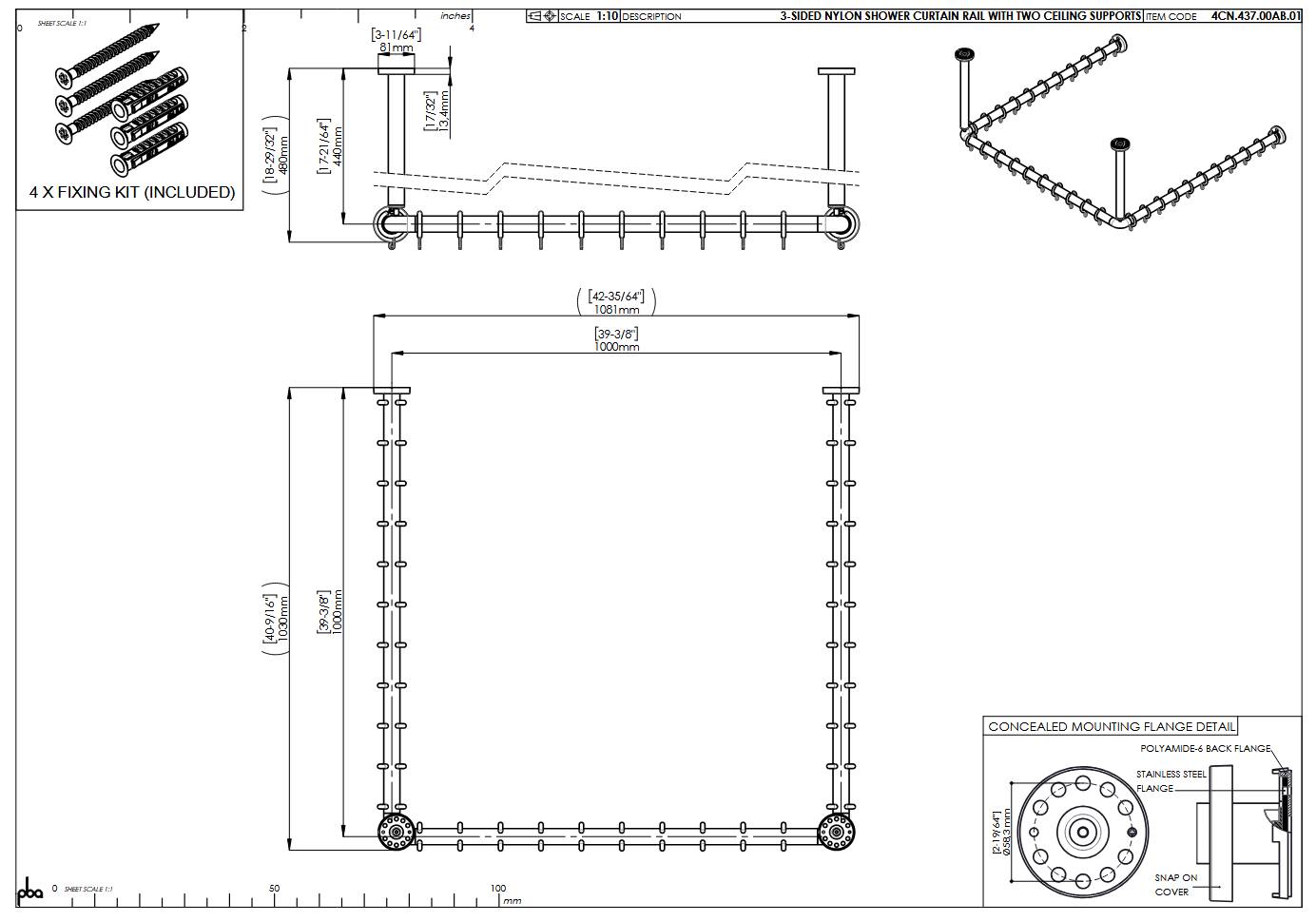 pba 01 Duschvorhangstange, U 1000x1000mm U- Form mit 2 DA 440mm aus Nylon-1