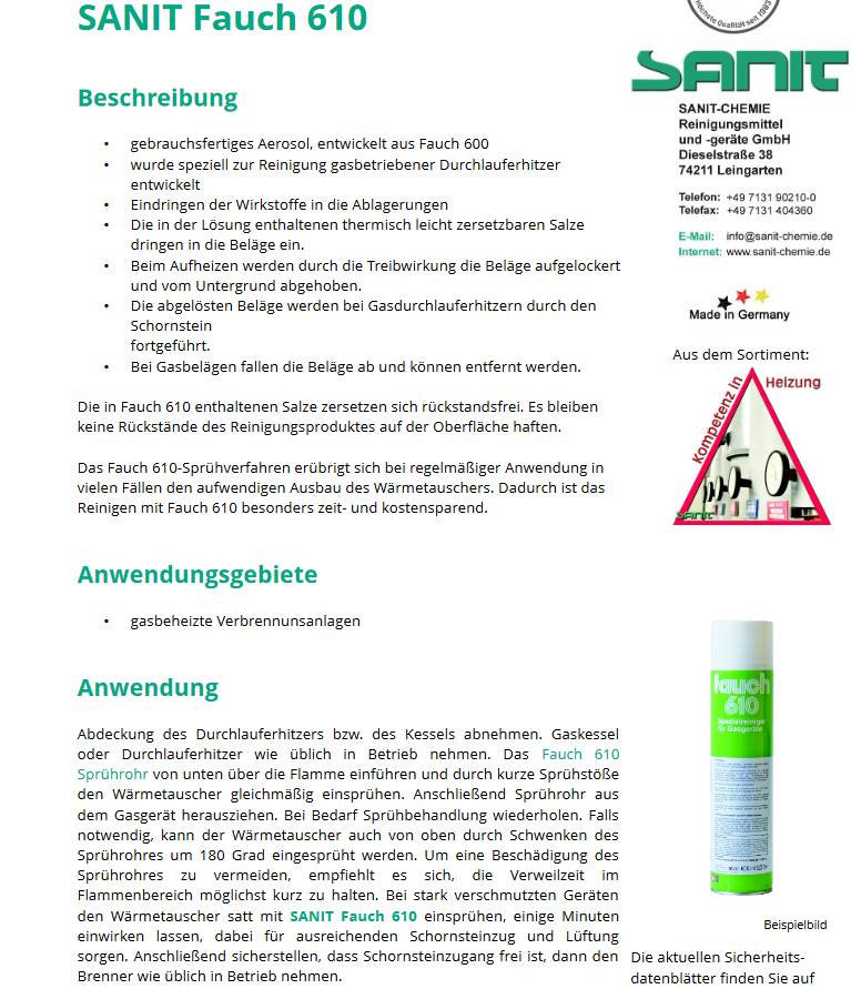 Sanit Fauch 610 Spezialreiniger für Gasgeräte 600 ml Spraydose-1