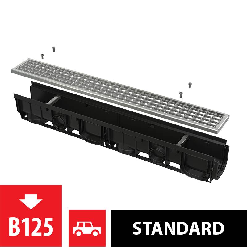 Entwässerungsrinne 100 mm mit Kunststoffrand und Rost verzinkt B125-0