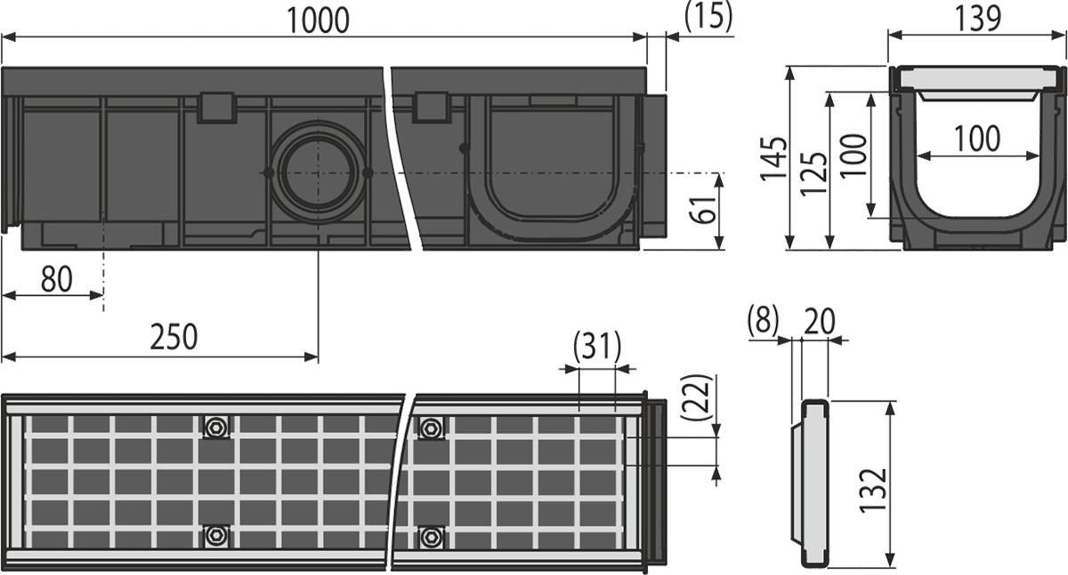Entwässerungsrinne 100 mm mit Kunststoffrand und Rost verzinkt B125-1