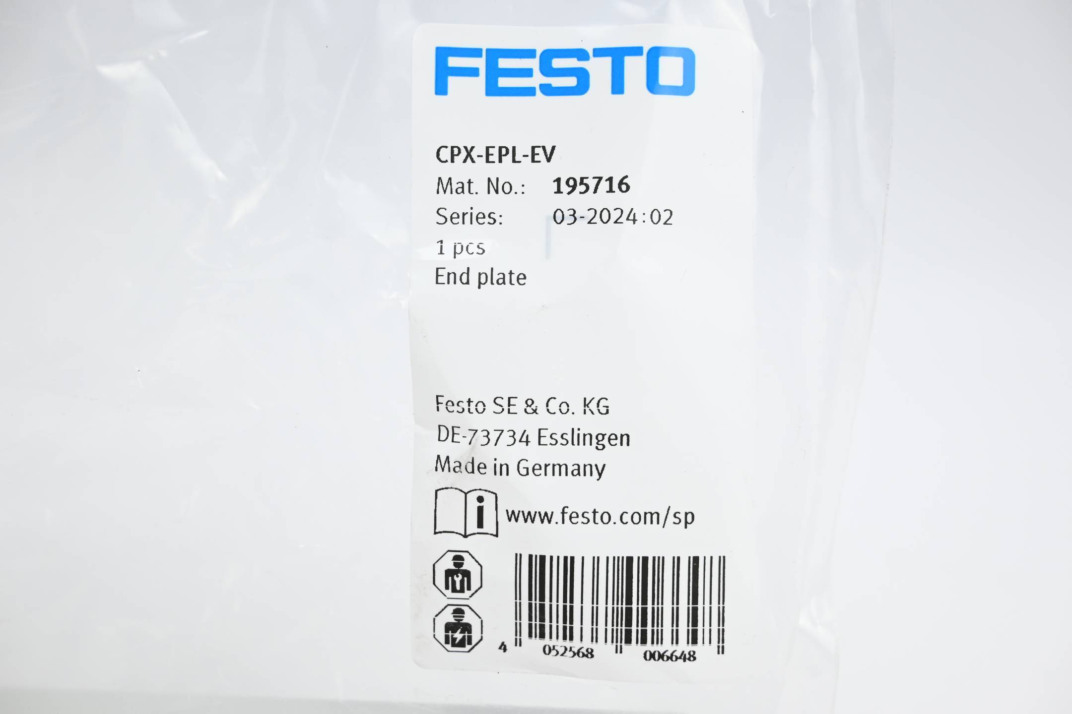 FESTO CPX-EPL-EV, Endplatte, P/n: 195716-1
