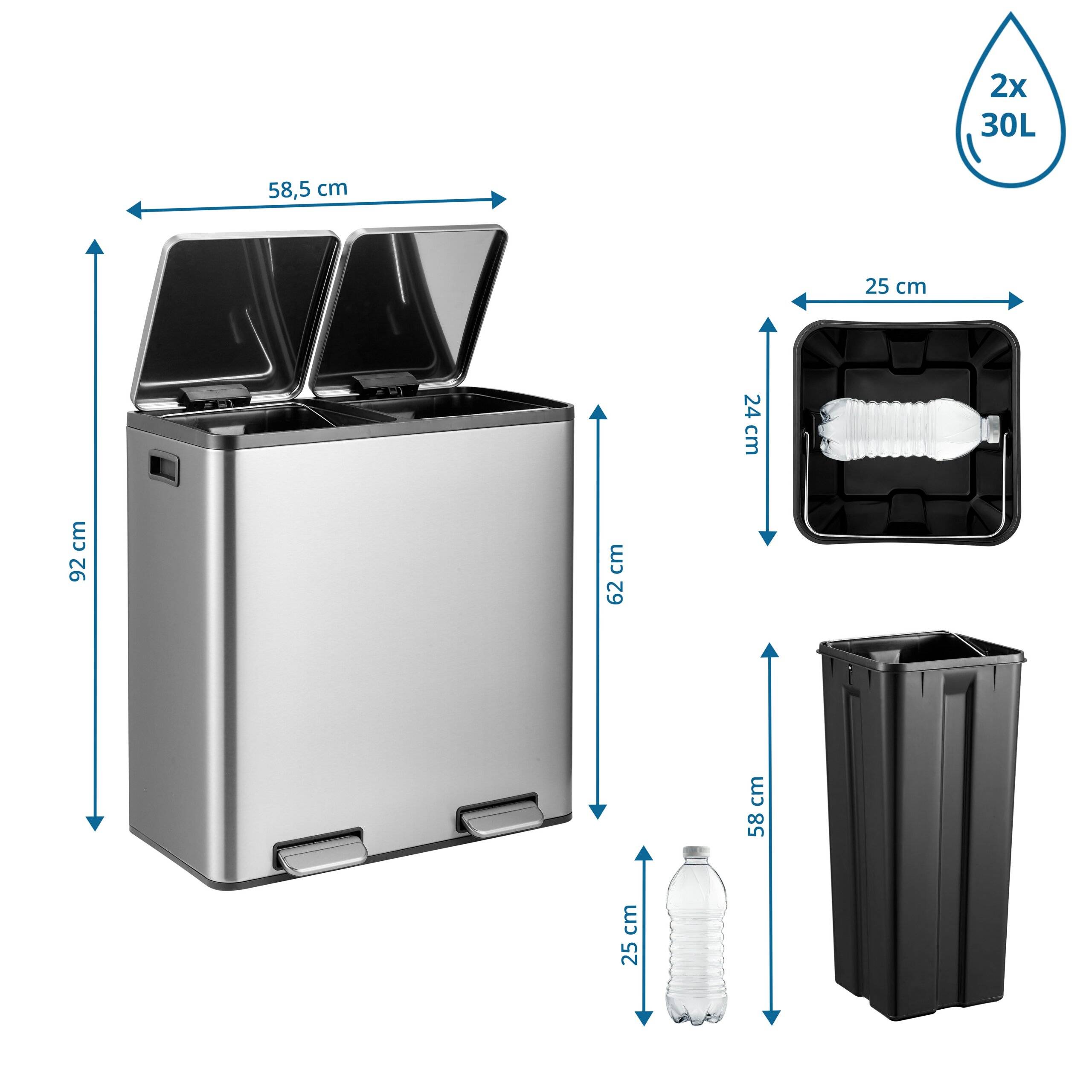 Abfallsammler Mülltrennsystem Clean 13 S - 60L (2x30L) Edelstahl silber hjh OFFICE-1