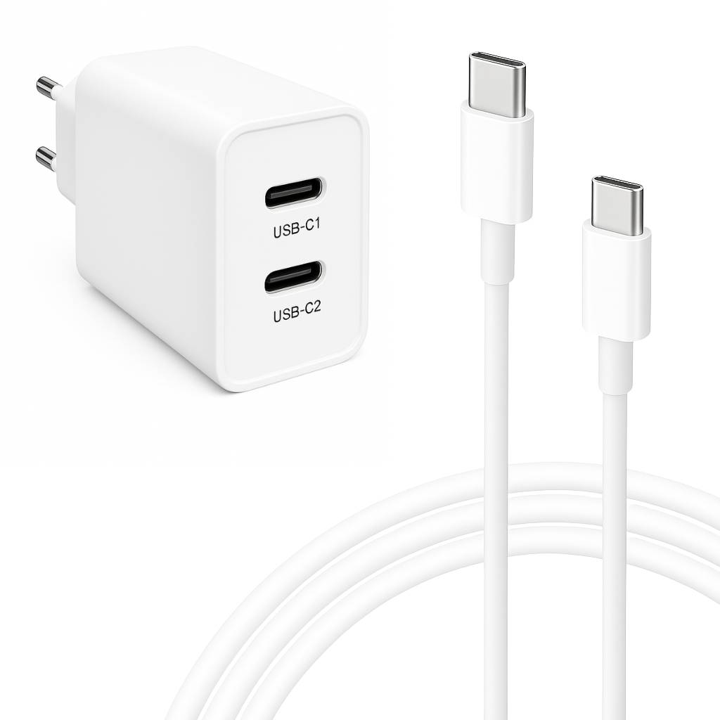 45W GaN USB-C Ladegerät 2×USB-C + 1m 60W Kabel – Schnelllade-Netzteil für iPhone 15/16/17, Samsung, Huawei, Xiaomi Weiß-0