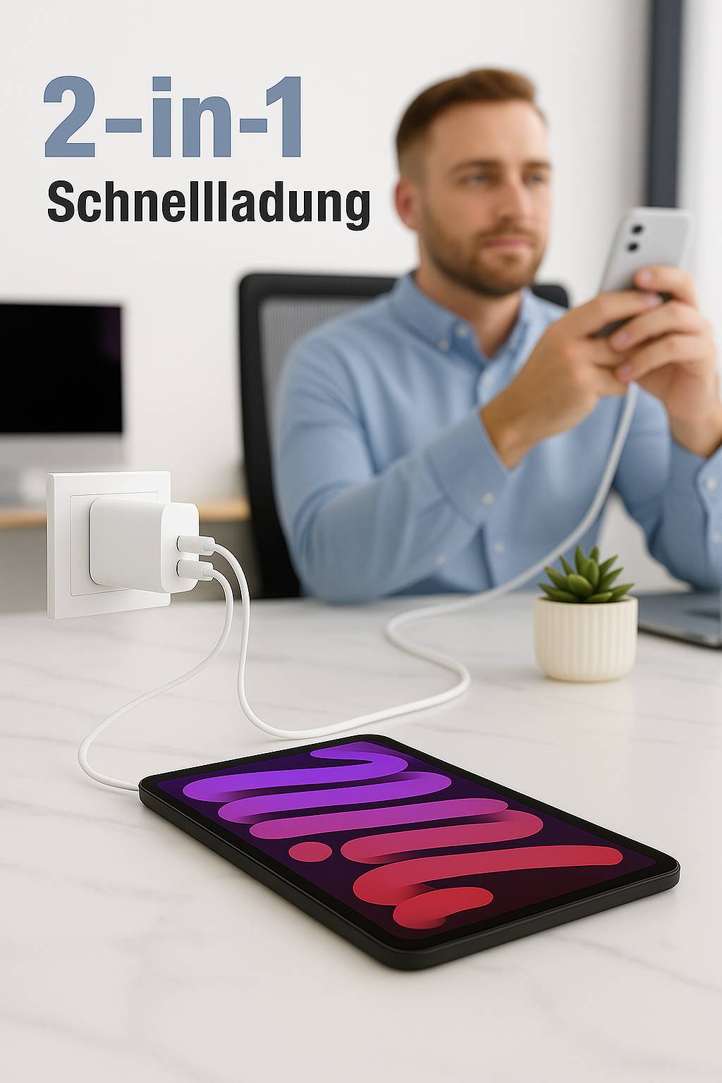 45W GaN USB-C Ladegerät 2×USB-C + 1m 60W Kabel – Schnelllade-Netzteil für iPhone 15/16/17, Samsung, Huawei, Xiaomi Weiß-3