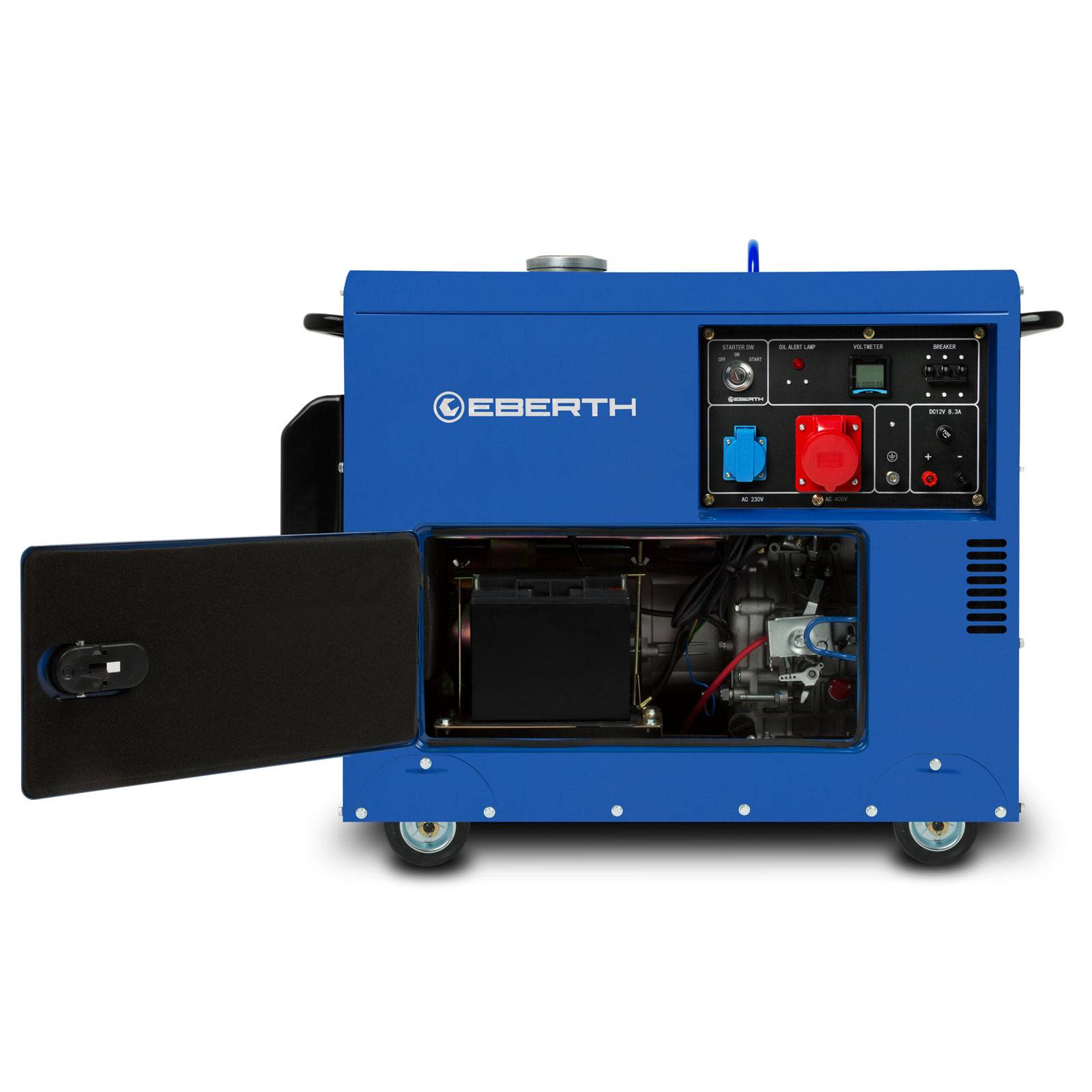 EBERTH 5000 Watt Notstromaggregat Diesel, Stromerzeuger 10PS 4-Takt E-Start 3-Phasen 1x 400V 230V 12V AVR Gehäuse Räder-2