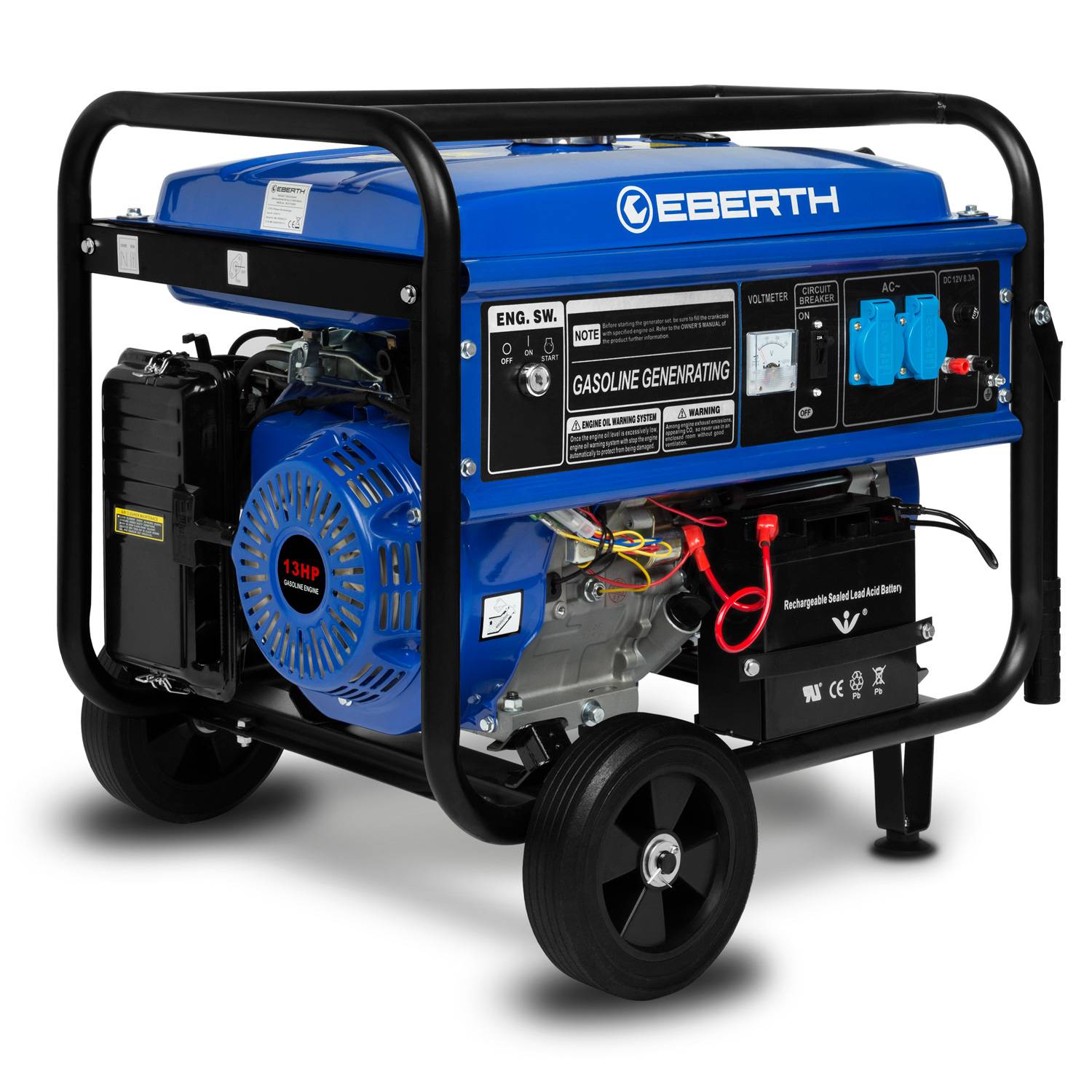 EBERTH 5500 Watt Notstromaggregat Stromerzeuger mit Fahrwerk E-Start 13 PS Benzinmotor 4-Takt 1-Phase 2x 230V 1x 12V AVR-0