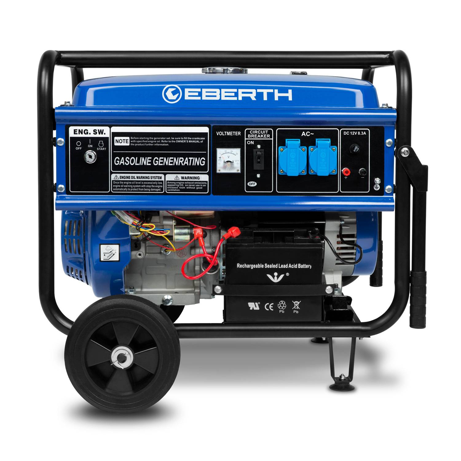 EBERTH 5500 Watt Notstromaggregat Stromerzeuger mit Fahrwerk E-Start 13 PS Benzinmotor 4-Takt 1-Phase 2x 230V 1x 12V AVR-1