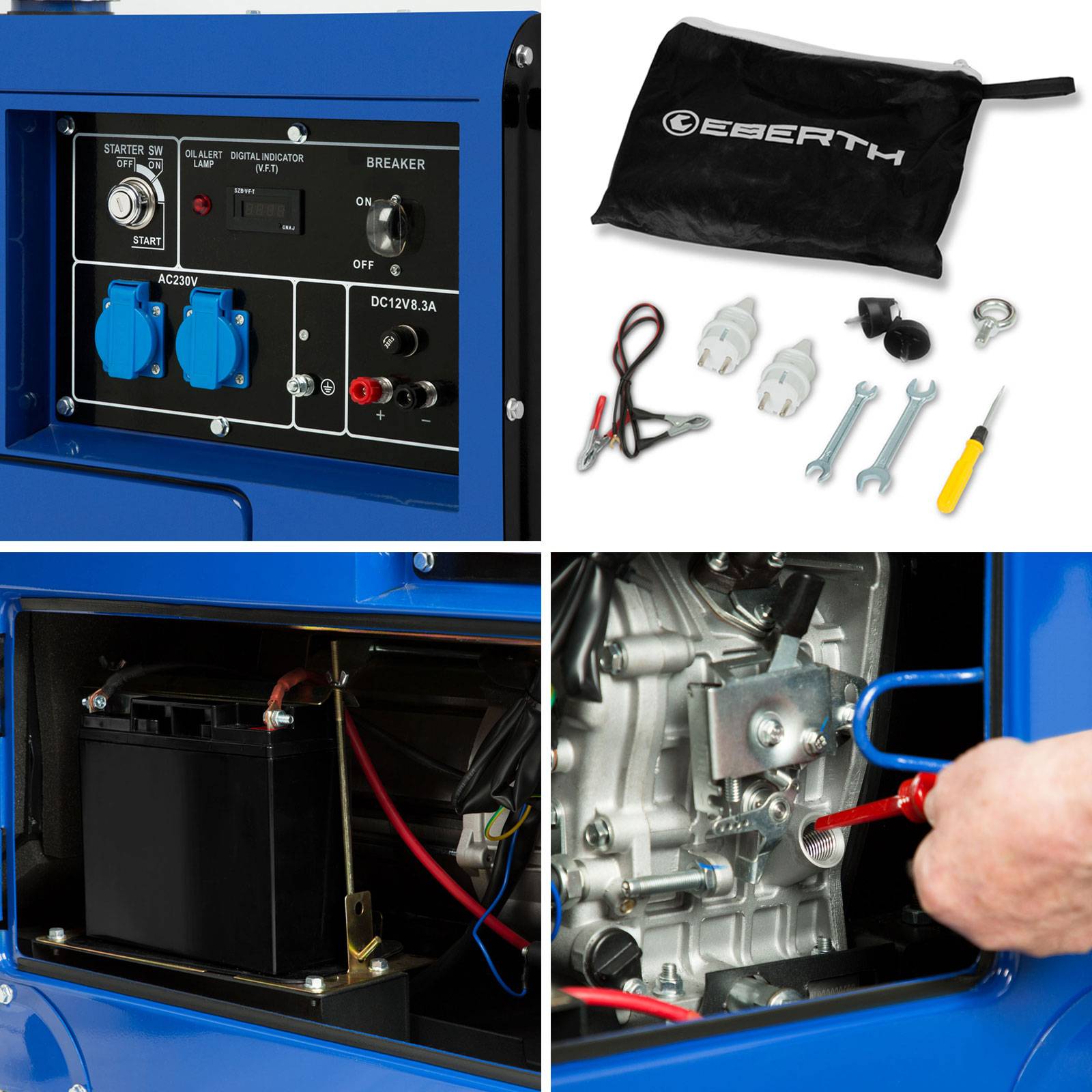 EBERTH 5000 Watt Notstromaggregat Diesel Stromerzeuger 10 PS Dieselmotor 4-Takt E-Start 2x 230V 1x 12V AVR Gehäuse Räder-4