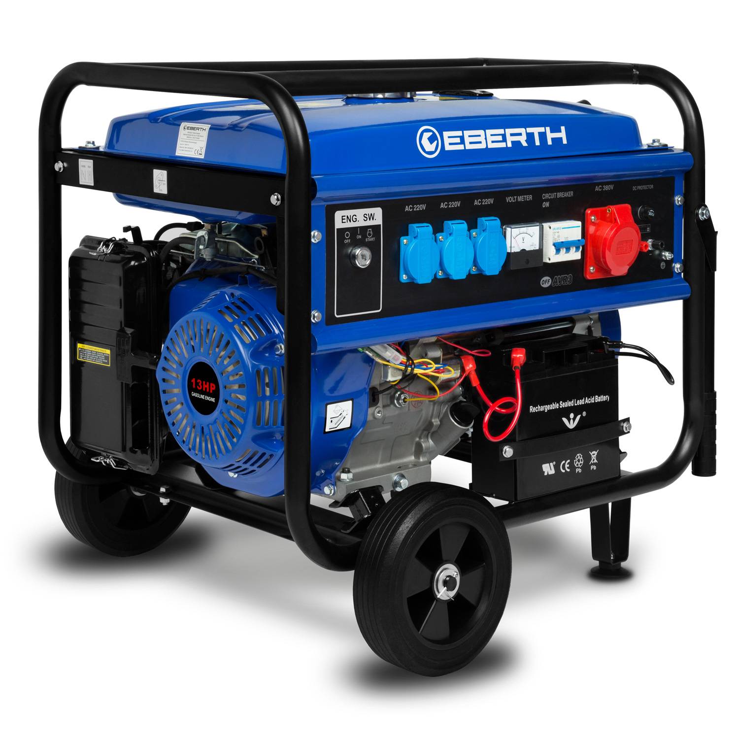 EBERTH 5500 Watt Notstromaggregat Stromerzeuger Fahrwerk E-Start 13 PS Benzin 4-Takt 3-Phasen 1x400V 3x230V 1x12V AVR-0