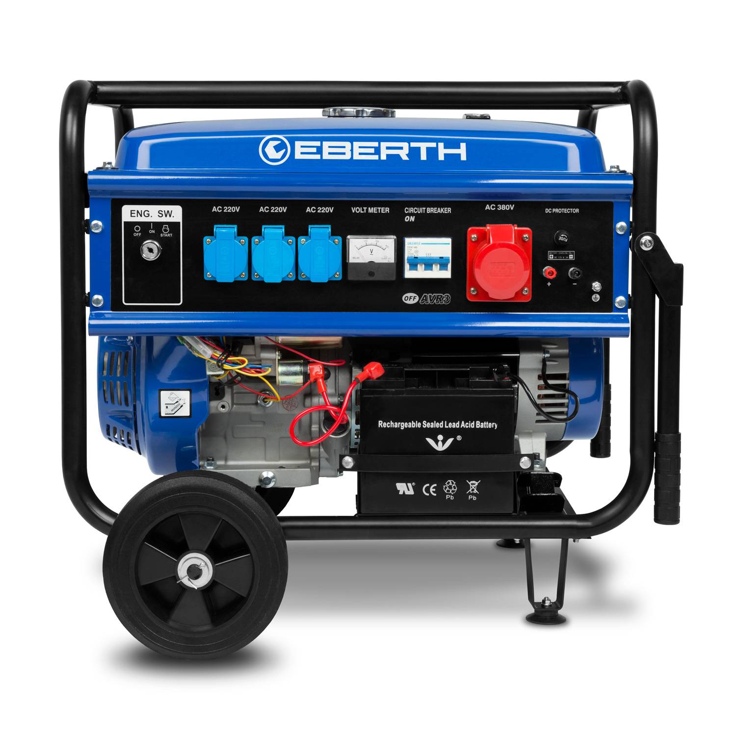 EBERTH 5500 Watt Notstromaggregat Stromerzeuger Fahrwerk E-Start 13 PS Benzin 4-Takt 3-Phasen 1x400V 3x230V 1x12V AVR-2