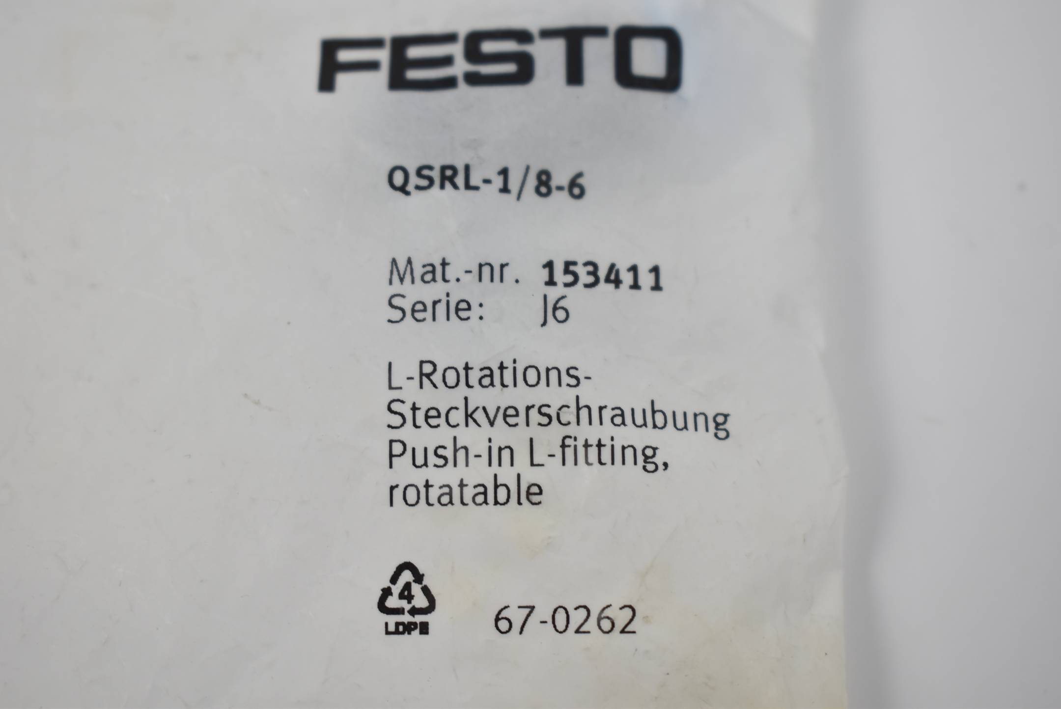 FESTO QSRL-1/8-6, L-Rotations-Steckverschraubung, P/n: 153411-2