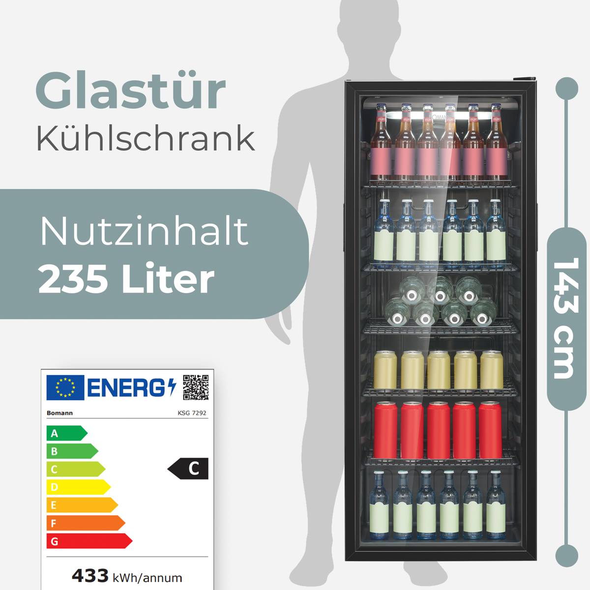 Bomann KSG 7292 schwarz Glastuerkuehlschrank 143cm-1