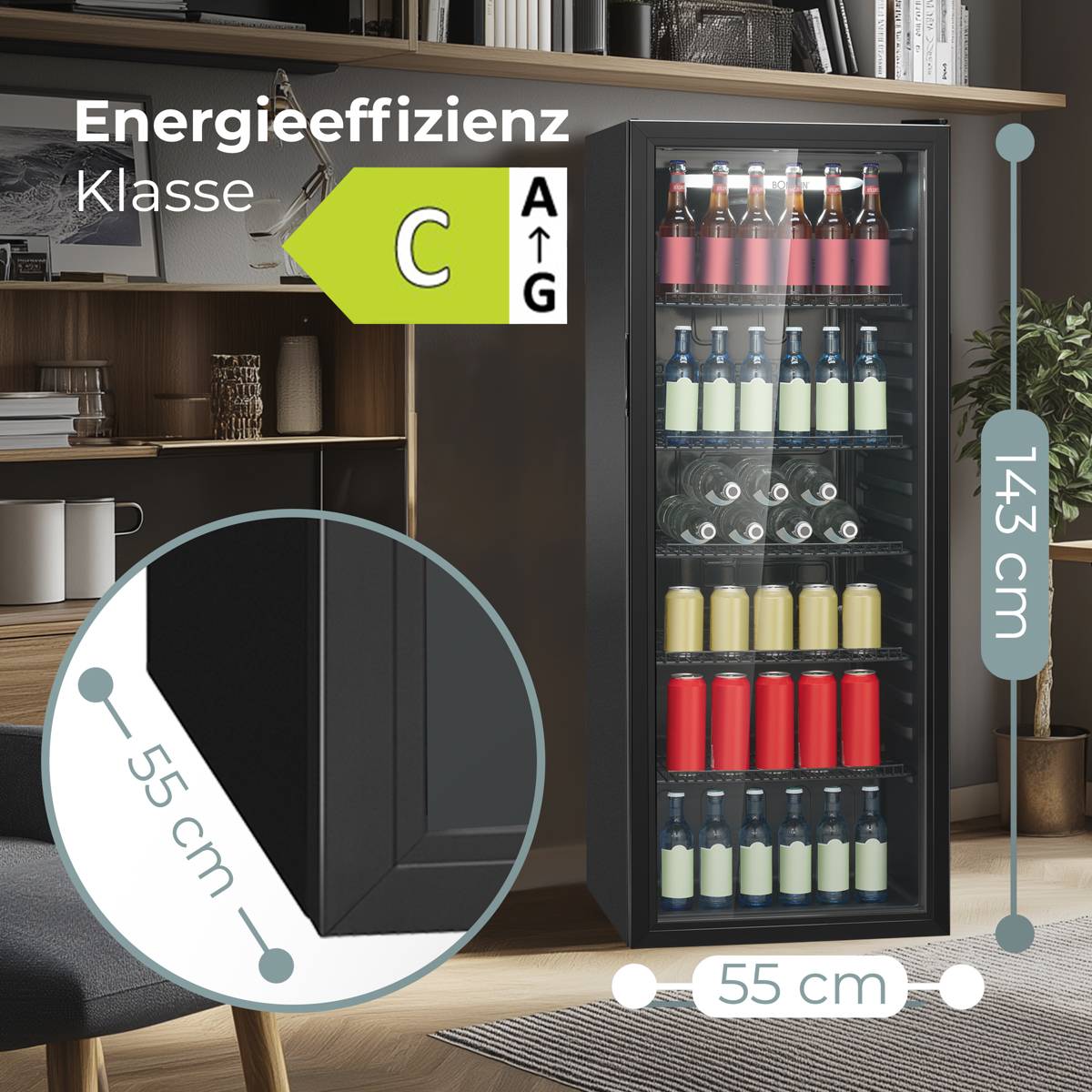 Bomann KSG 7292 schwarz Glastuerkuehlschrank 143cm-4