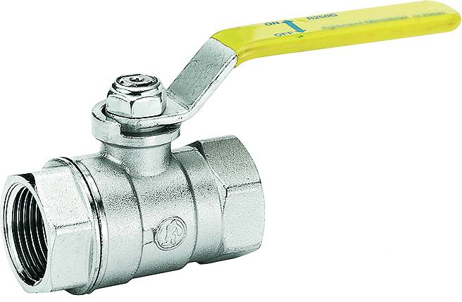 Gaskugelhahn mit gelbem Hebelgriff 1/2 DVGW Messing vernickelt, Hausmarke-0